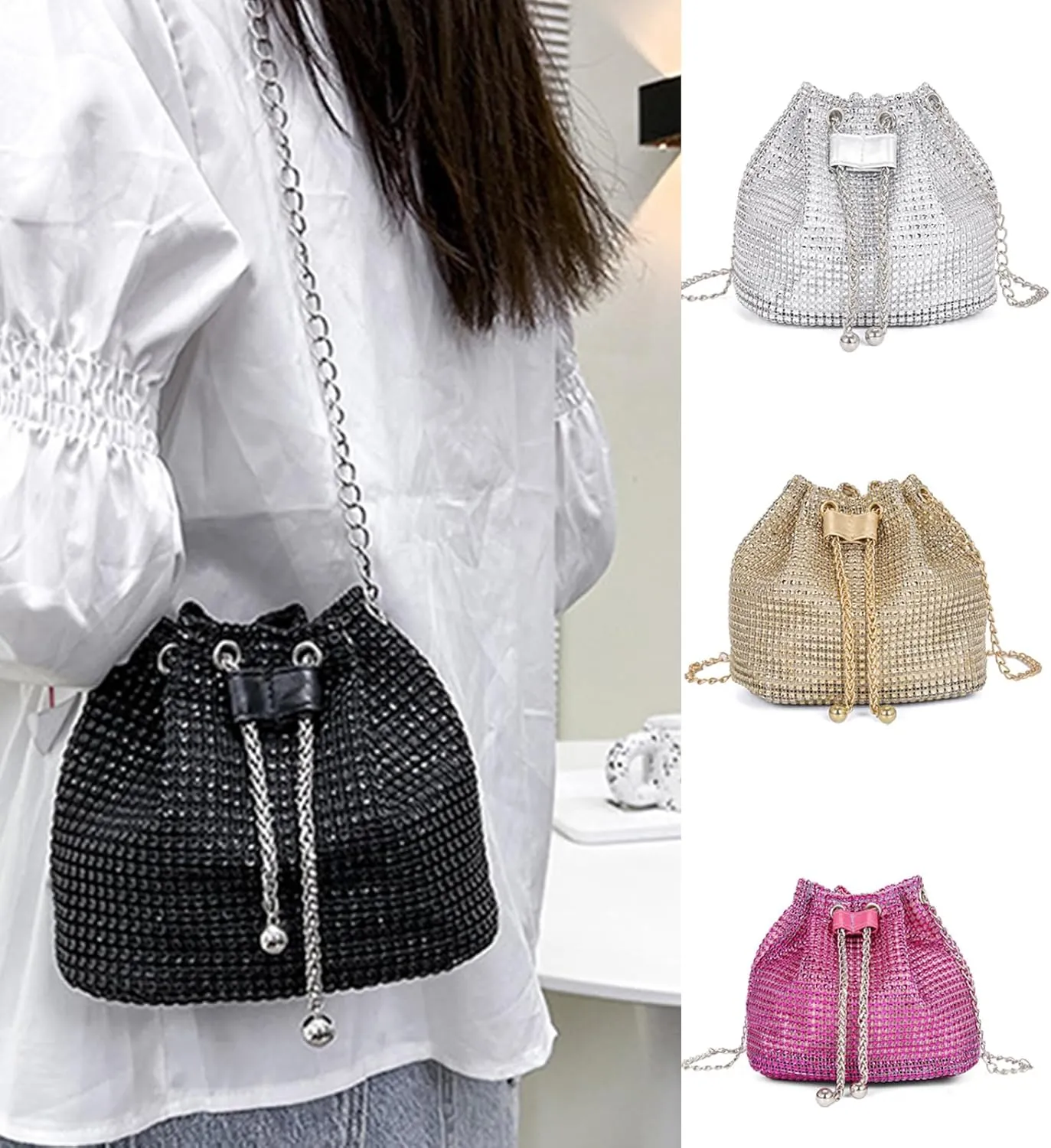 Trendy Shoulder Purse Drawstring Bucket Bag Show Your Personal Charm with Exquisite Decoration
