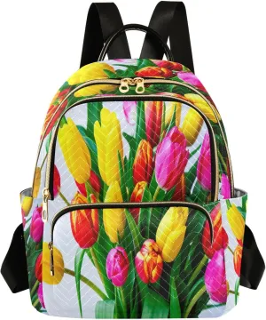 Tulips Fresh Gorgeous White Backpack Purse for Women Fashion Small Mini Daypack Purse for Lady Anti-theft Shoulder Bag with Double Zipper Weekend Bag