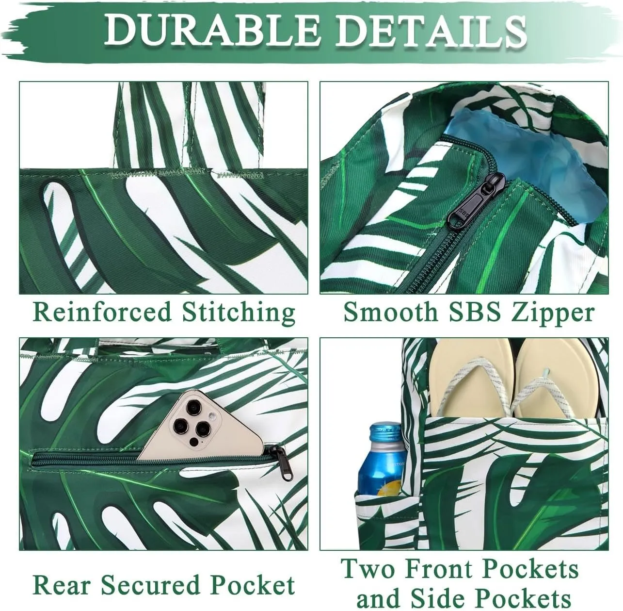 VASCHY Beach Tote Bag for Women, Lightweight Water Resistant Fold-able Large Pool Tote Bag w Zipper for Vocation