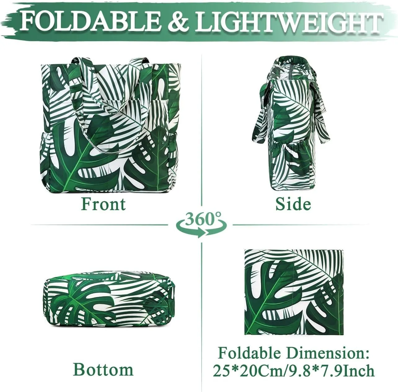 VASCHY Beach Tote Bag for Women, Lightweight Water Resistant Fold-able Large Pool Tote Bag w Zipper for Vocation