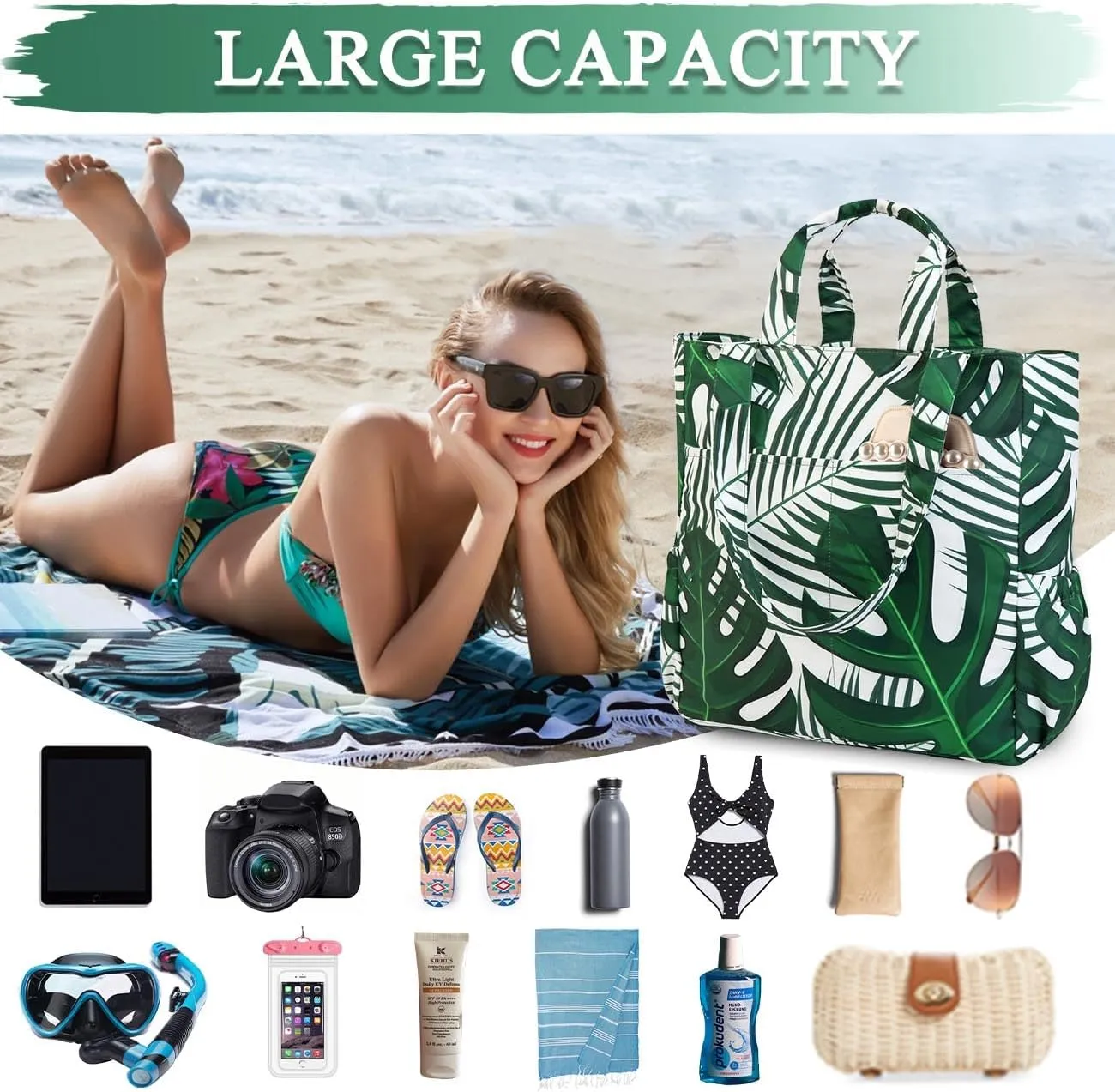 VASCHY Beach Tote Bag for Women, Lightweight Water Resistant Fold-able Large Pool Tote Bag w Zipper for Vocation
