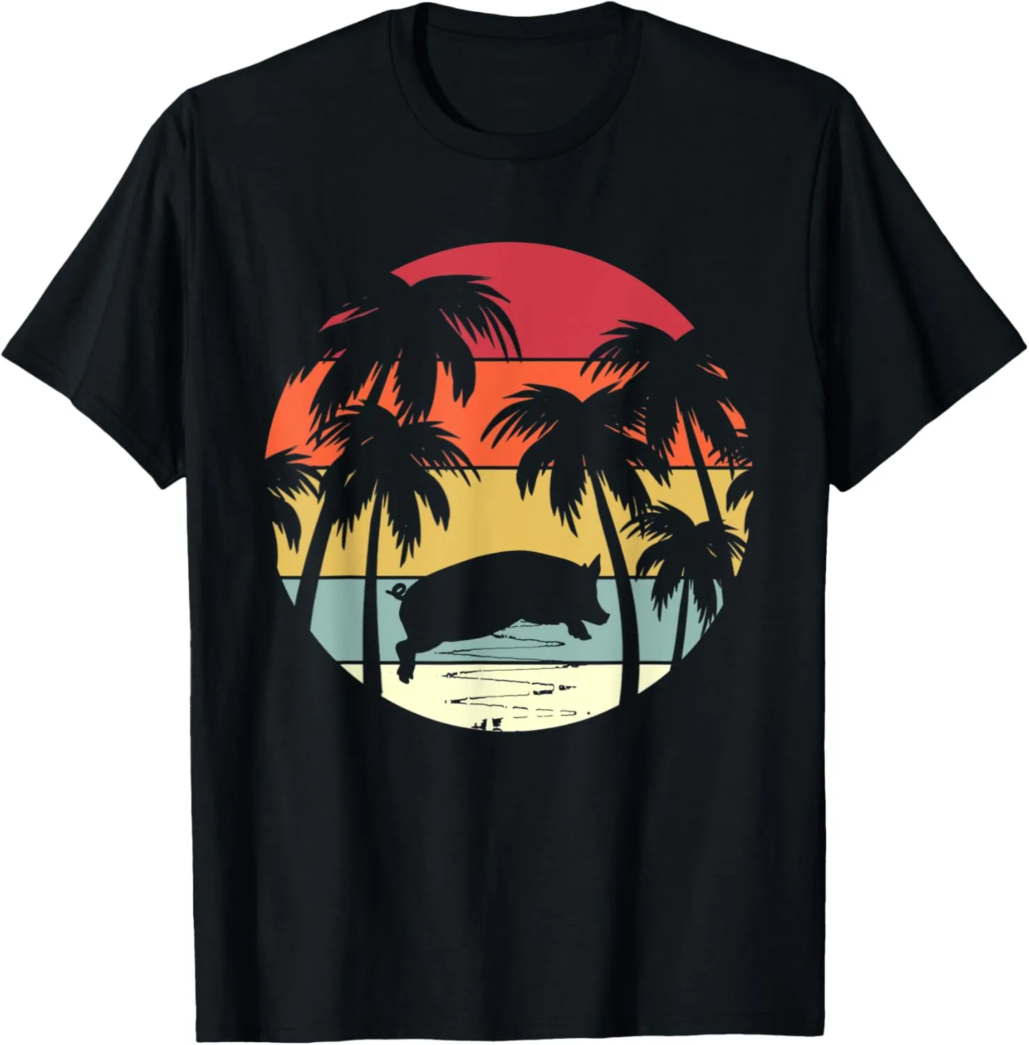 Vintage Pig Sunset Palm Tree Hawaii Summer Hawaiian Beach T-Shirt