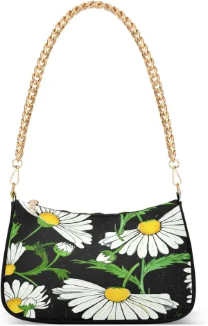 White Daisies Black Womens Shoulder Purse, Trendy Bags for Women