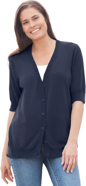 Woman Within Plus Size Lightweight Short Sleeve V-Neck Cardigan