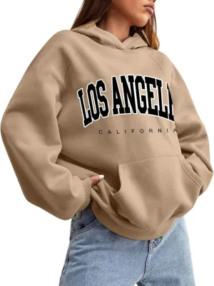 Women Solid Basic Fleece Letter Loose Hoodie Sweatshirt Long Sleeve Pocket Drop Shoulder Pullovers Top Pullover