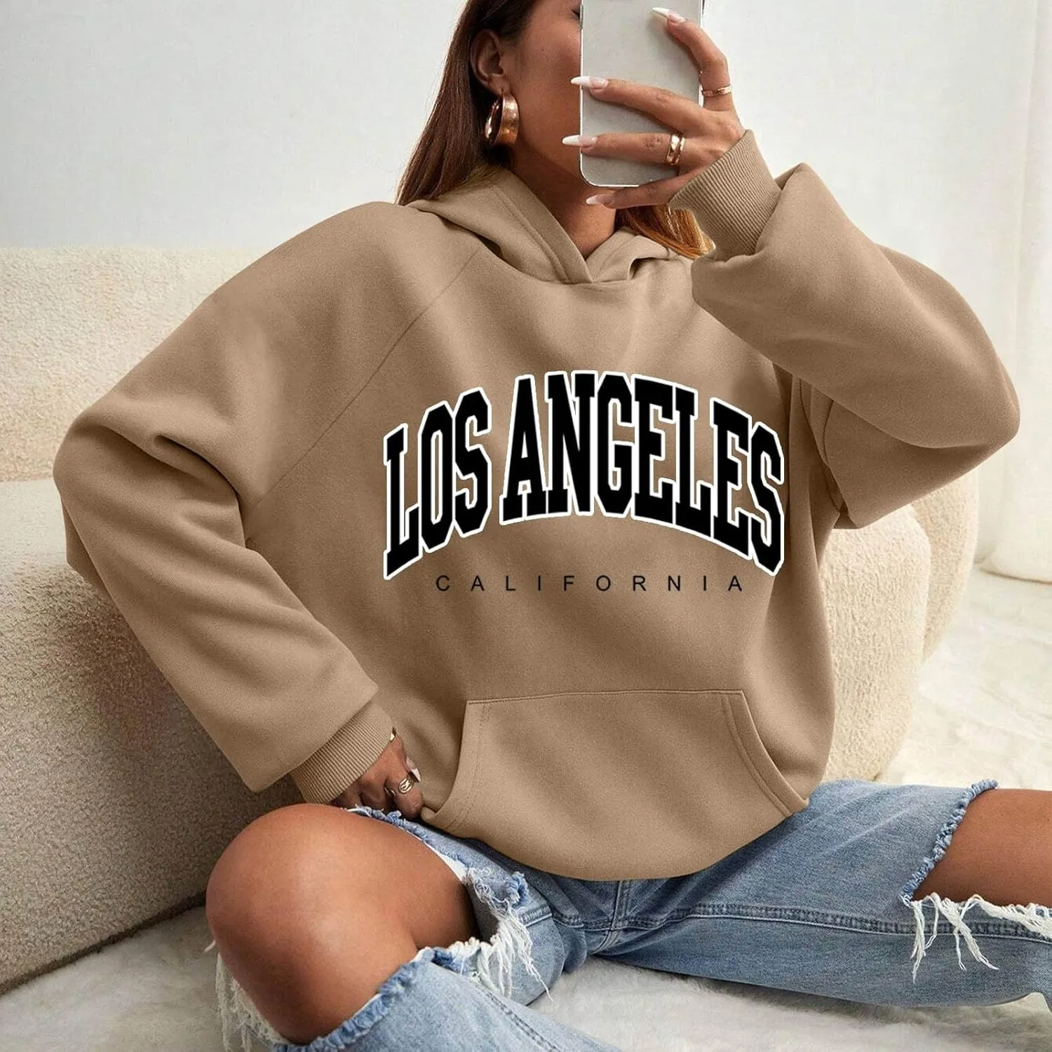 Women Solid Basic Fleece Letter Loose Hoodie Sweatshirt Long Sleeve Pocket Drop Shoulder Pullovers Top Pullover
