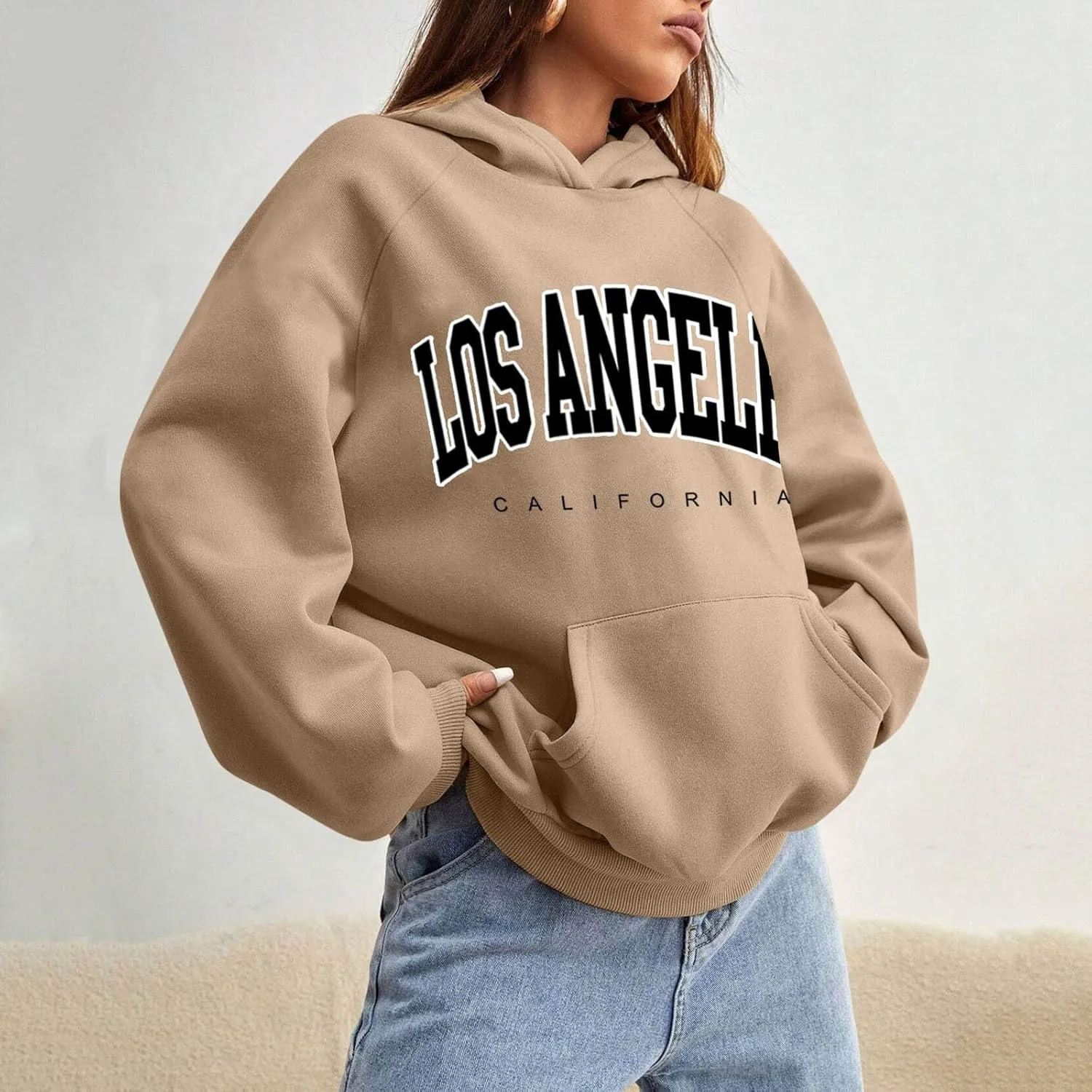 Women Solid Basic Fleece Letter Loose Hoodie Sweatshirt Long Sleeve Pocket Drop Shoulder Pullovers Top Pullover