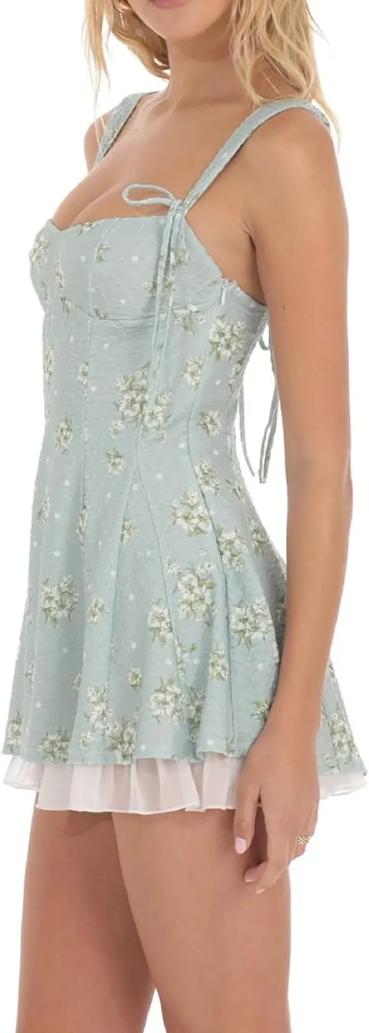 Women Y2K Mini Cami Dress Backless Low Cut A Line Short Bustier Dress Floral Ruffle Sleeveless Sundress Beachwear