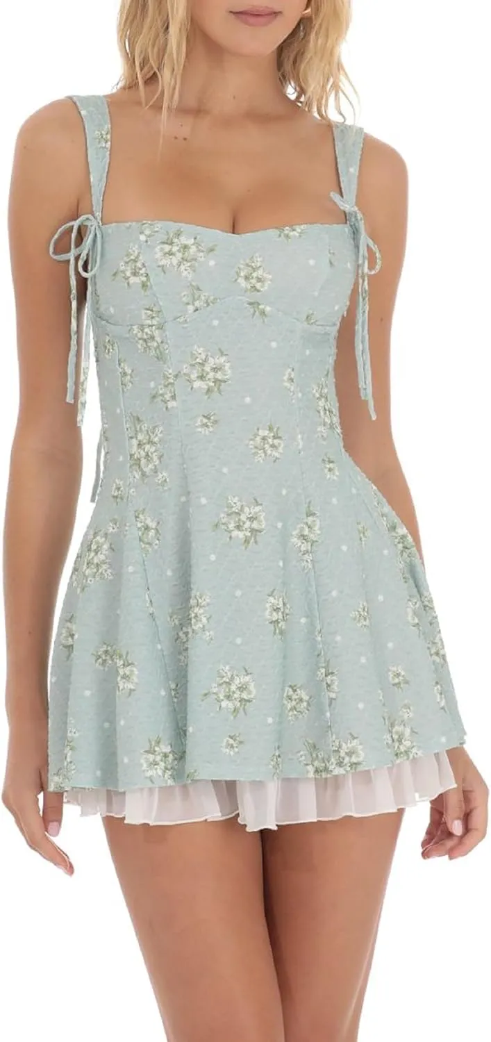 Women Y2K Mini Cami Dress Backless Low Cut A Line Short Bustier Dress Floral Ruffle Sleeveless Sundress Beachwear