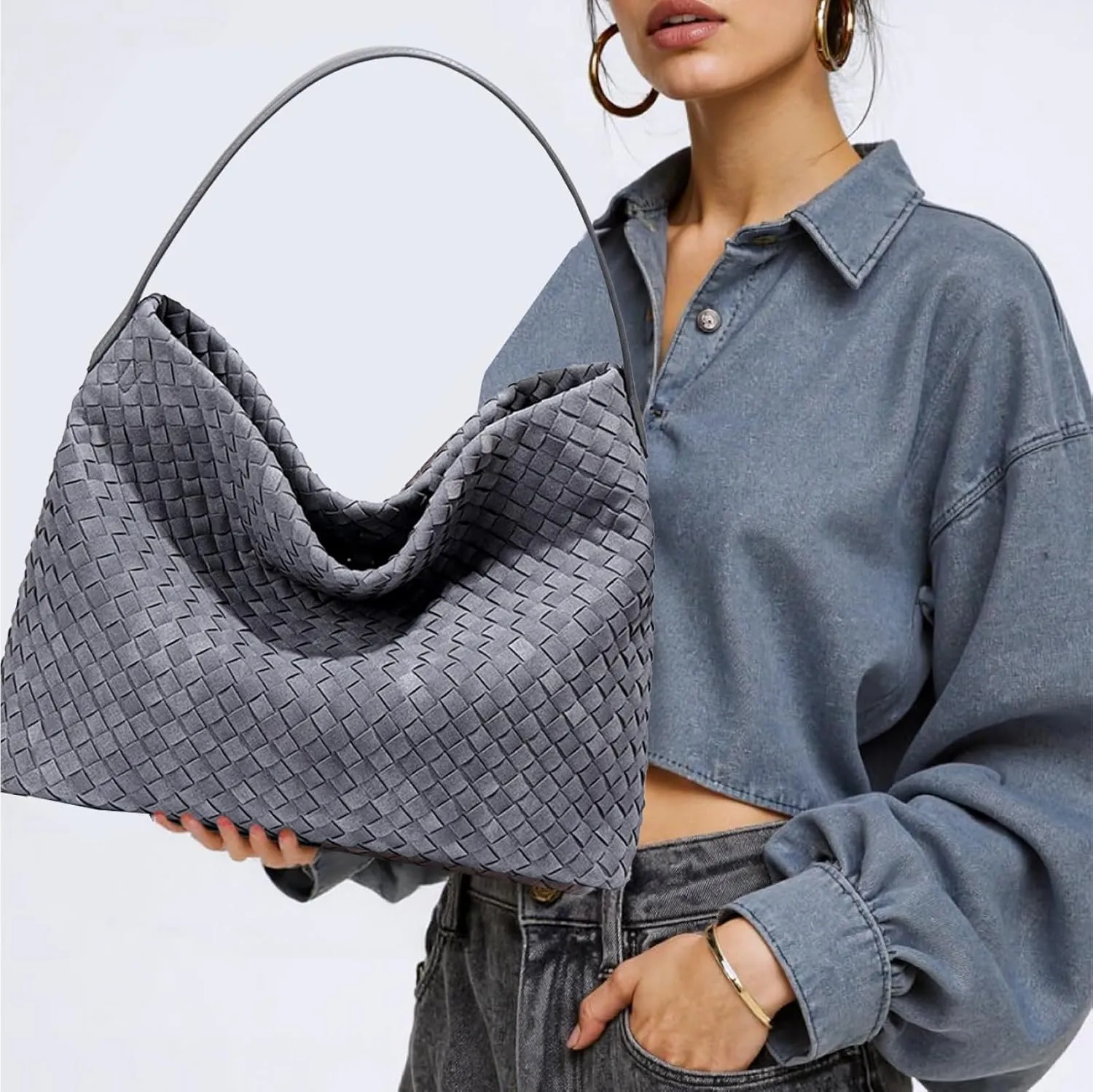 Women's Braided Leather Tote Bag Stylish Suede Hobo Shoulder Bag with Woven Details