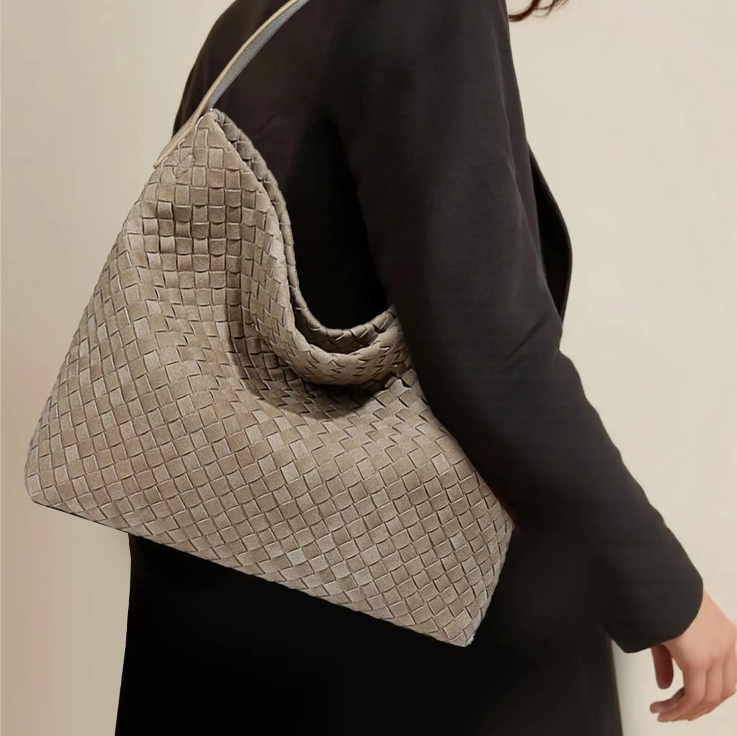 Women's Braided Leather Tote Bag Stylish Suede Hobo Shoulder Bag with Woven Details