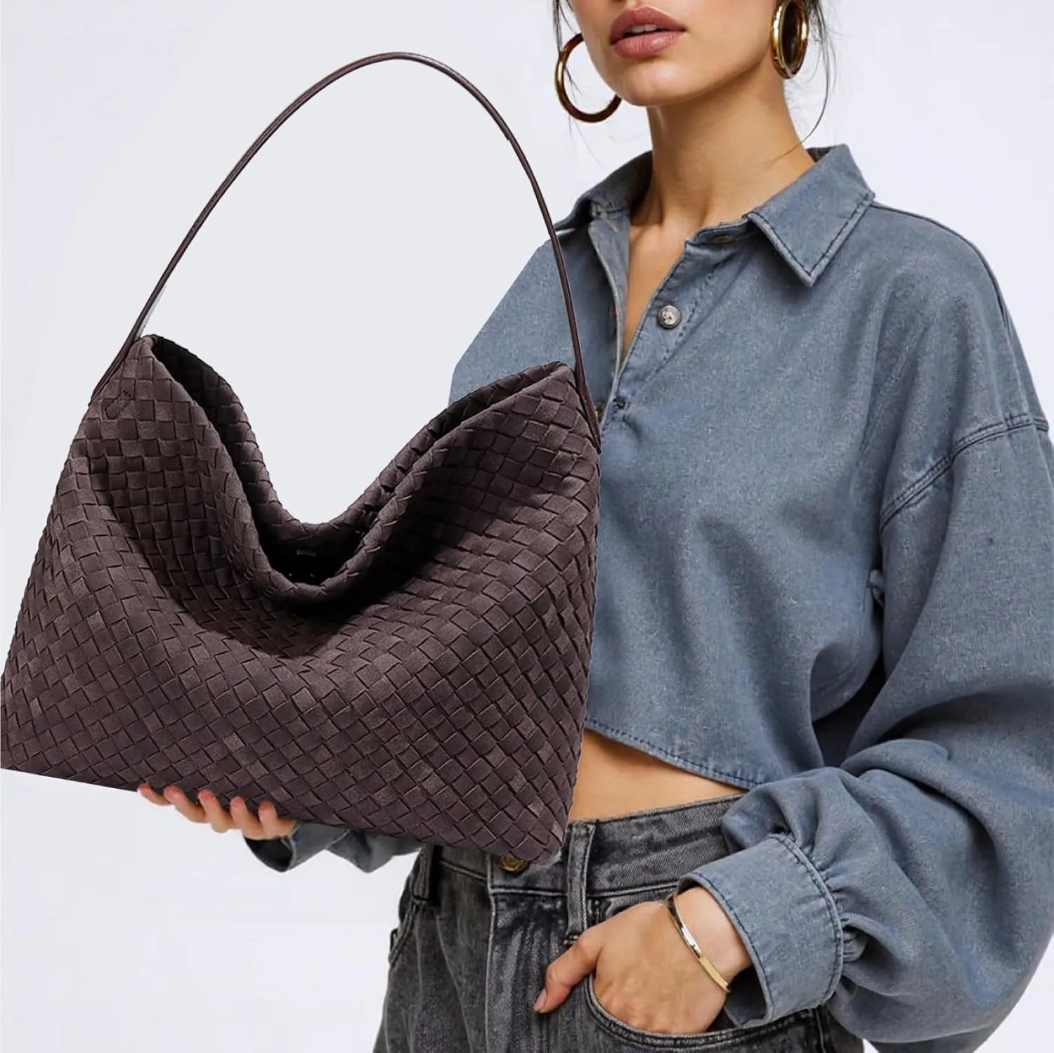 Women's Braided Leather Tote Bag Stylish Suede Hobo Shoulder Bag with Woven Details