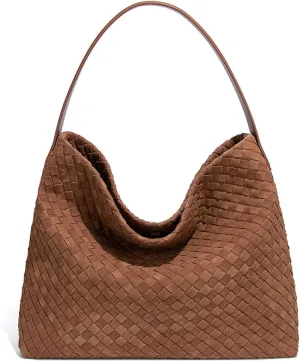 Women's Braided Leather Tote Bag Stylish Suede Hobo Shoulder Bag with Woven Details