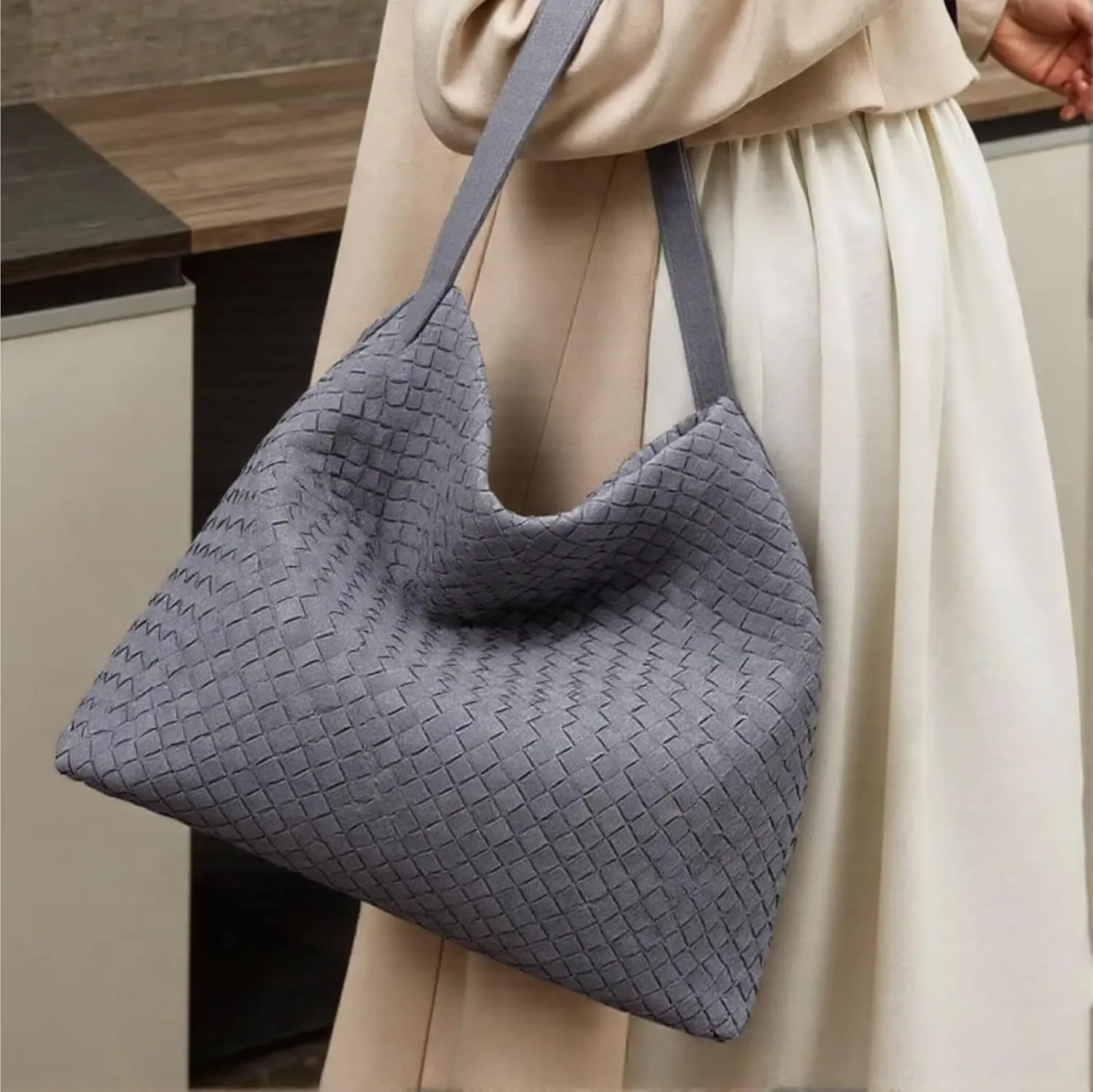 Women's Braided Leather Tote Bag Stylish Suede Hobo Shoulder Bag with Woven Details