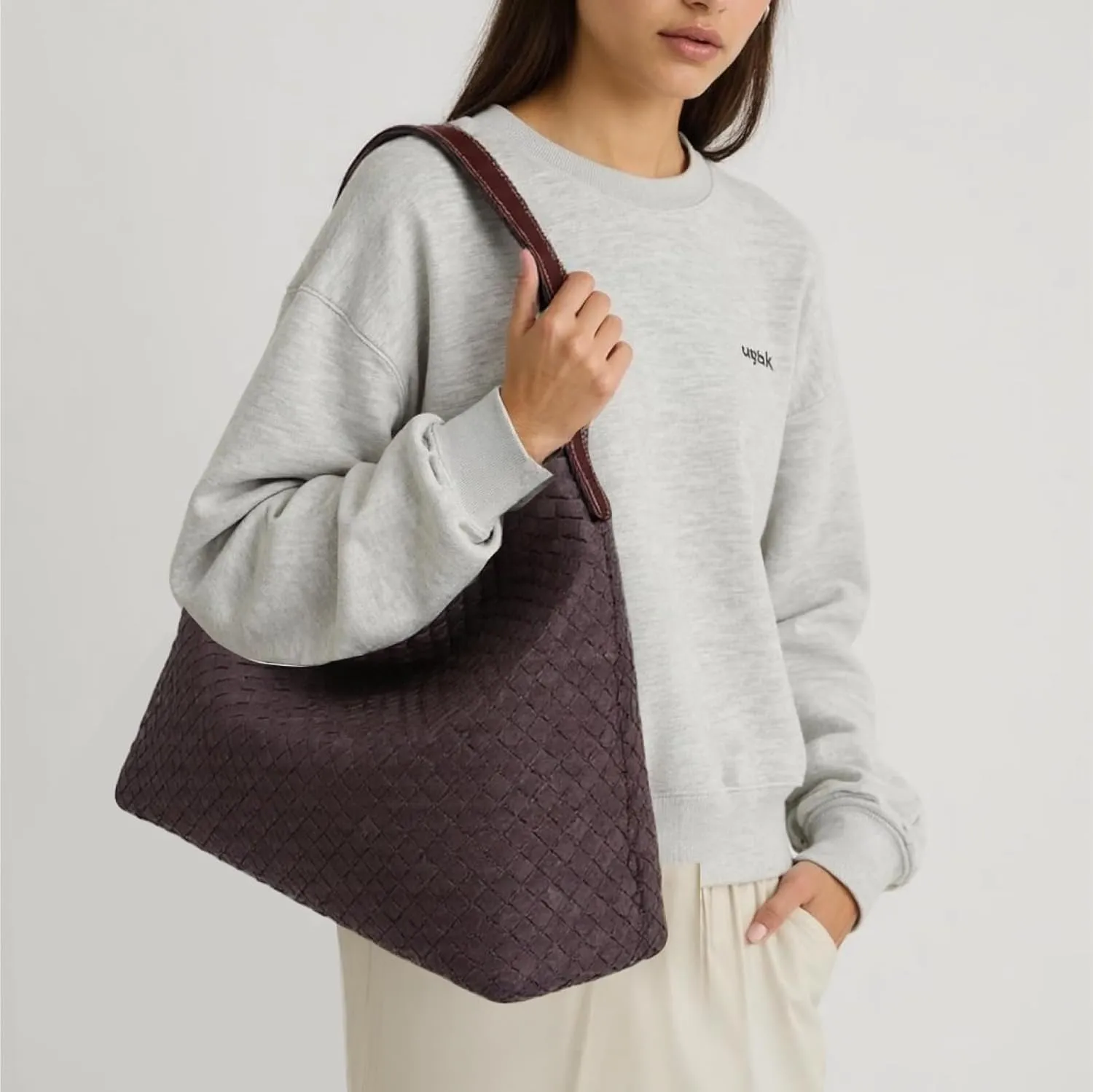 Women's Braided Leather Tote Bag Stylish Suede Hobo Shoulder Bag with Woven Details