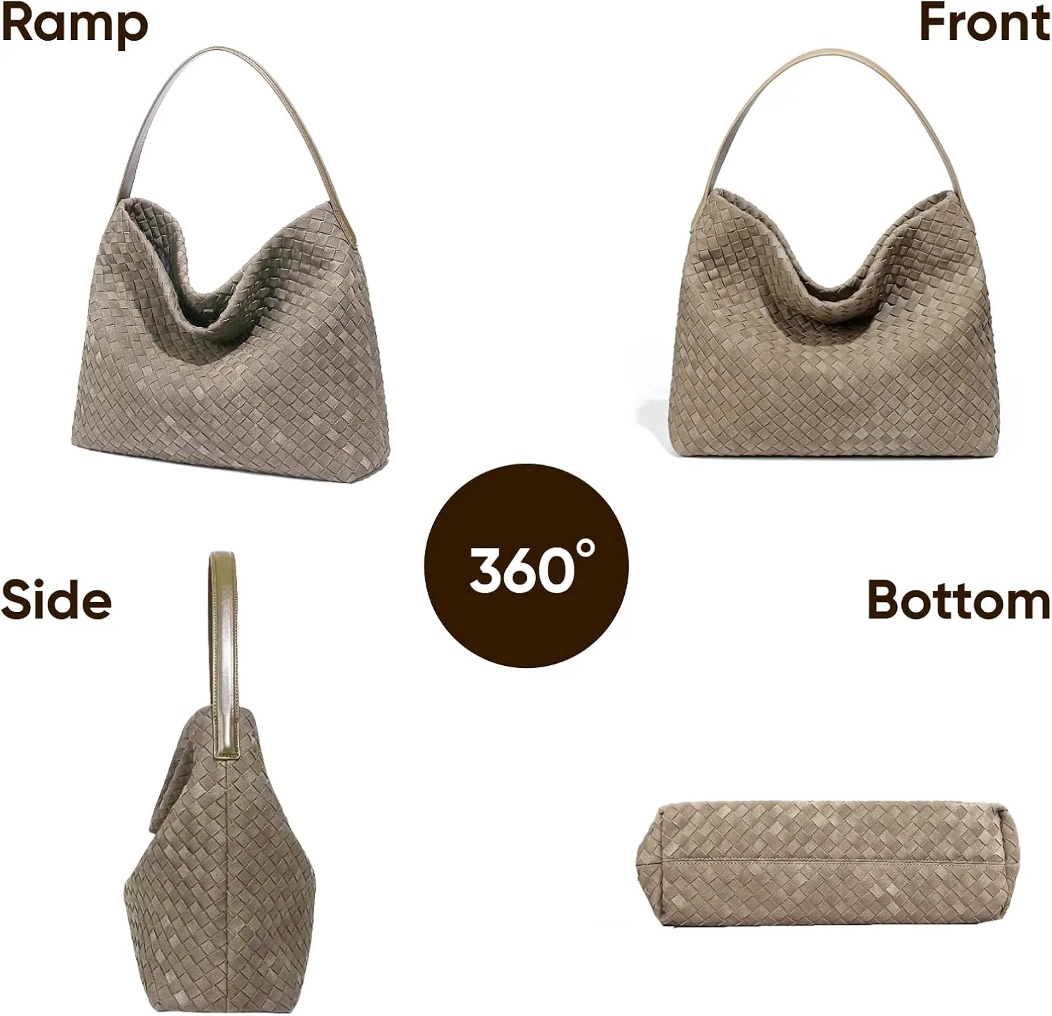 Women's Braided Leather Tote Bag Stylish Suede Hobo Shoulder Bag with Woven Details