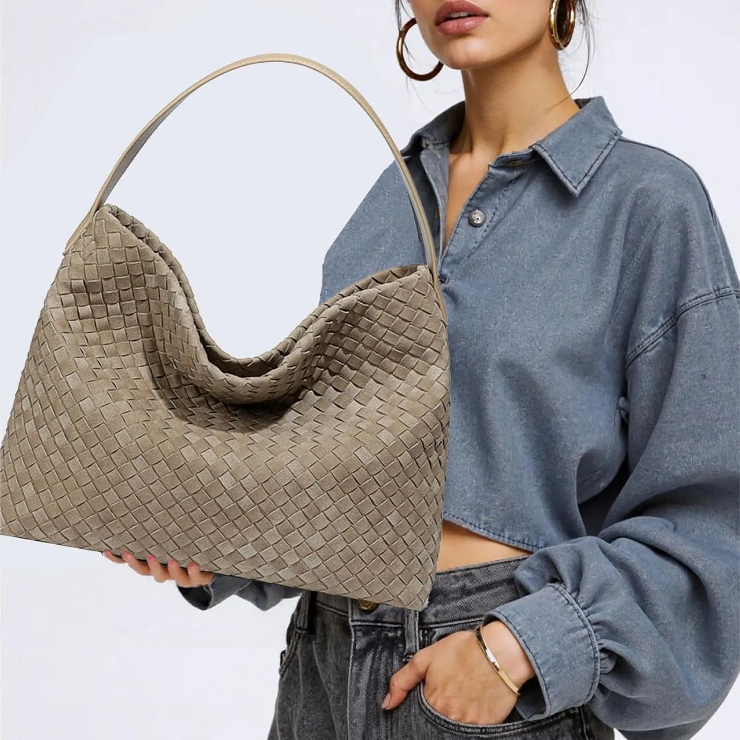 Women's Braided Leather Tote Bag Stylish Suede Hobo Shoulder Bag with Woven Details
