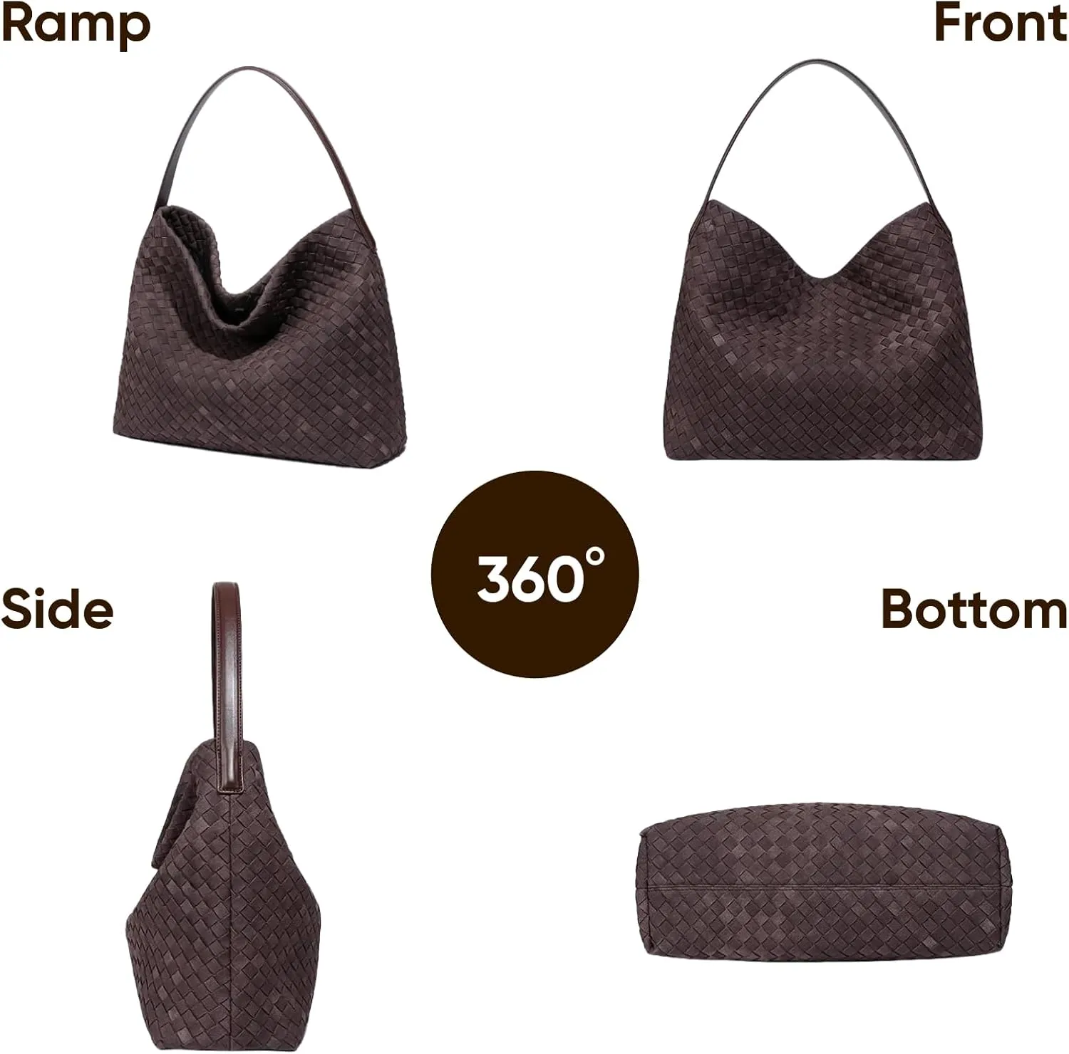 Women's Braided Leather Tote Bag Stylish Suede Hobo Shoulder Bag with Woven Details