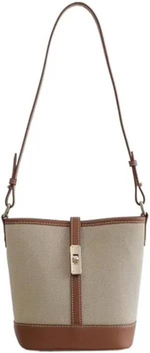 Women's Canvas Bucket Bag Contrasting Color Cowhide Leisure Shoulder Crossbody Underarm Bag Versatile Handbag Locker Chic
