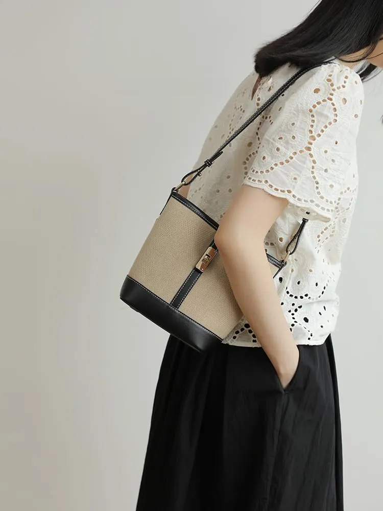 Women's Canvas Bucket Bag Contrasting Color Cowhide Leisure Shoulder Crossbody Underarm Bag Versatile Handbag Locker Chic