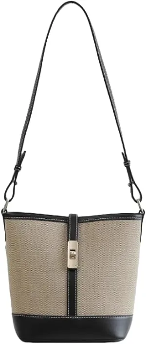 Women's Canvas Bucket Bag Contrasting Color Cowhide Leisure Shoulder Crossbody Underarm Bag Versatile Handbag Locker Chic