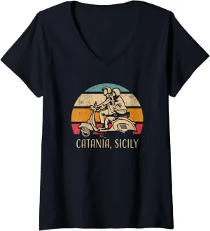 Womens Catania Sicily Sicilia Vintage Scooter Retro Sunset Design V-Neck T-Shirt