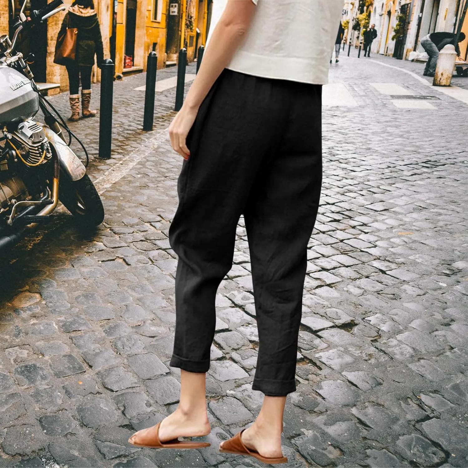Womens Cotton Linen Capris Pants Plus Size Wide Leg Trousers with Pockets Casual Summer Beach Lounge Pants
