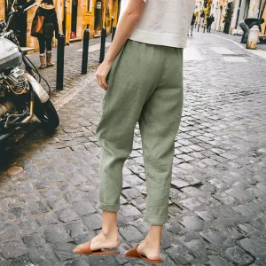 Womens Cotton Linen Capris Pants Plus Size Wide Leg Trousers with Pockets Casual Summer Beach Lounge Pants