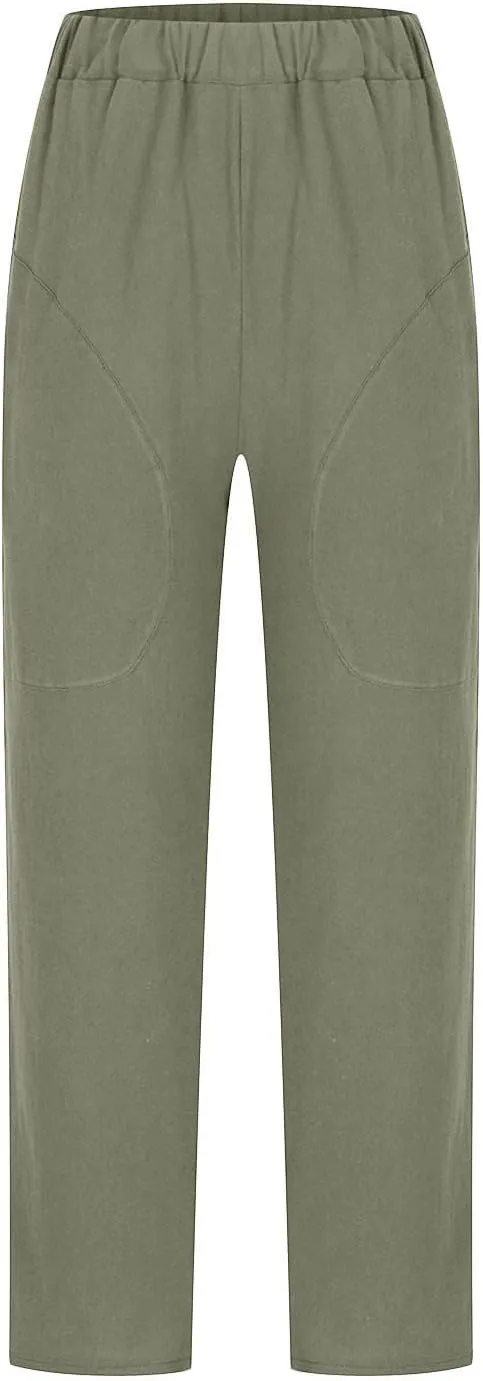 Womens Cotton Linen Capris Pants Plus Size Wide Leg Trousers with Pockets Casual Summer Beach Lounge Pants