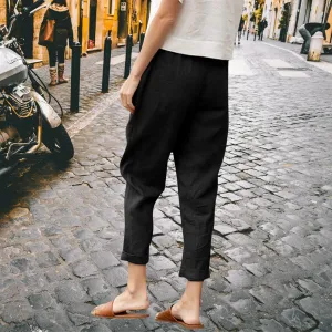 Womens Cotton Linen Capris Pants Plus Size Wide Leg Trousers with Pockets Casual Summer Beach Lounge Pants