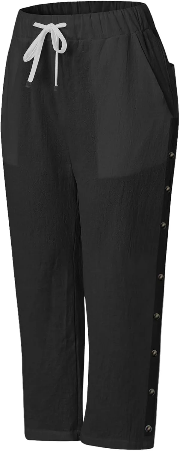 Women's Cotton Linen Pants Summer Loose Fit Drawstring Elastic Waisted Capris with Pocket Casual Beach Cropped Pants