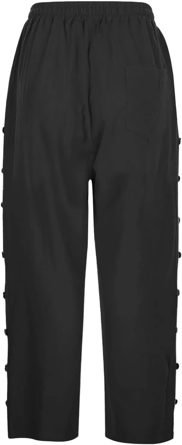 Women's Cotton Linen Pants Summer Loose Fit Drawstring Elastic Waisted Capris with Pocket Casual Beach Cropped Pants