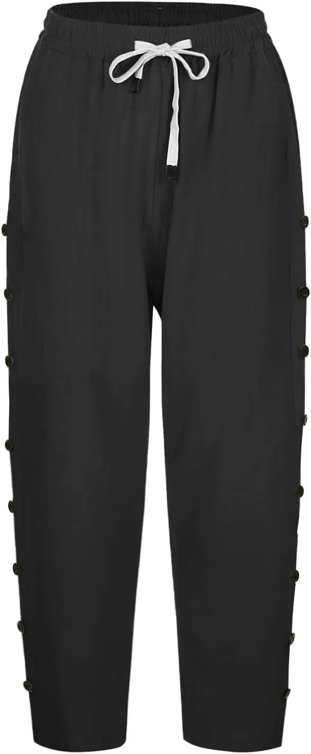 Women's Cotton Linen Pants Summer Loose Fit Drawstring Elastic Waisted Capris with Pocket Casual Beach Cropped Pants