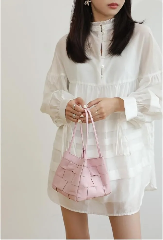Women's Cowhide Denim Canvas Bucket Woven Box Bag Shoulder Crossbody Bag Versatile Handbag Hobo Vintage Large Capacity