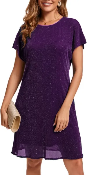 Women's Crewneck Sequin Shift Dress Short Sleeve Casual Holiday Sparkly Party Dress