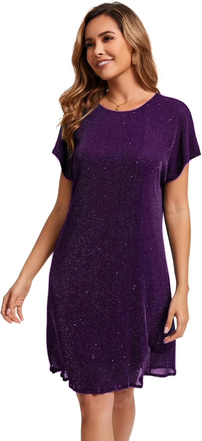 Women's Crewneck Sequin Shift Dress Short Sleeve Casual Holiday Sparkly Party Dress