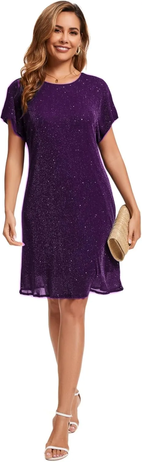 Women's Crewneck Sequin Shift Dress Short Sleeve Casual Holiday Sparkly Party Dress