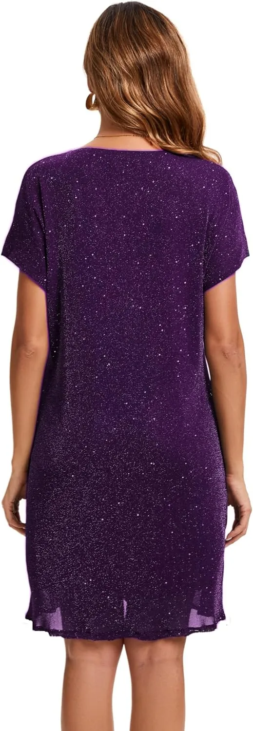 Women's Crewneck Sequin Shift Dress Short Sleeve Casual Holiday Sparkly Party Dress