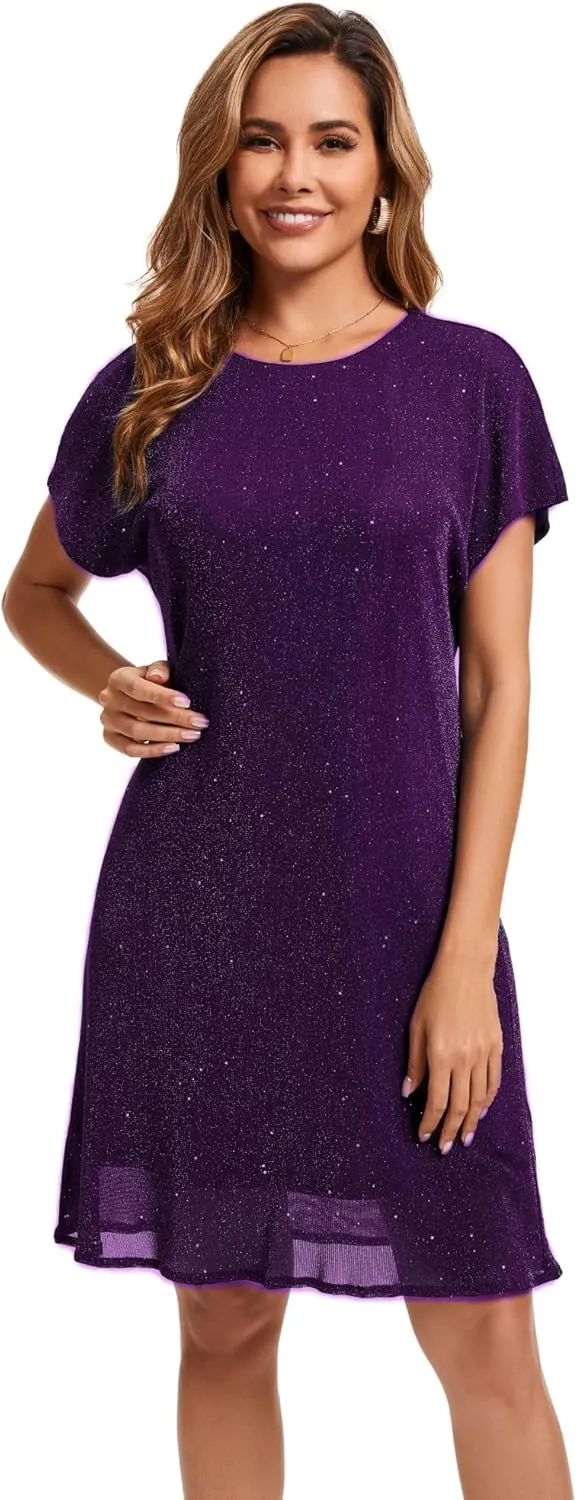 Women's Crewneck Sequin Shift Dress Short Sleeve Casual Holiday Sparkly Party Dress