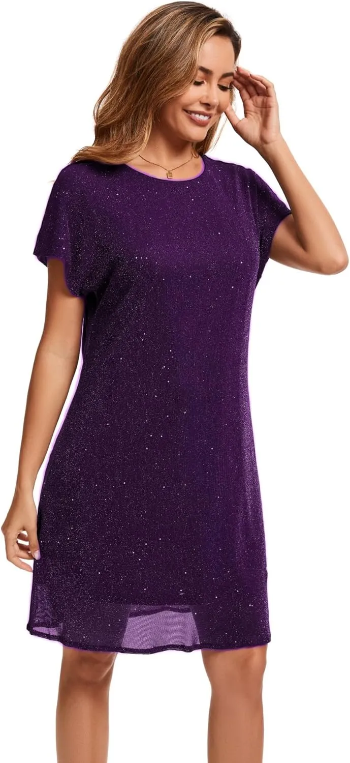 Women's Crewneck Sequin Shift Dress Short Sleeve Casual Holiday Sparkly Party Dress