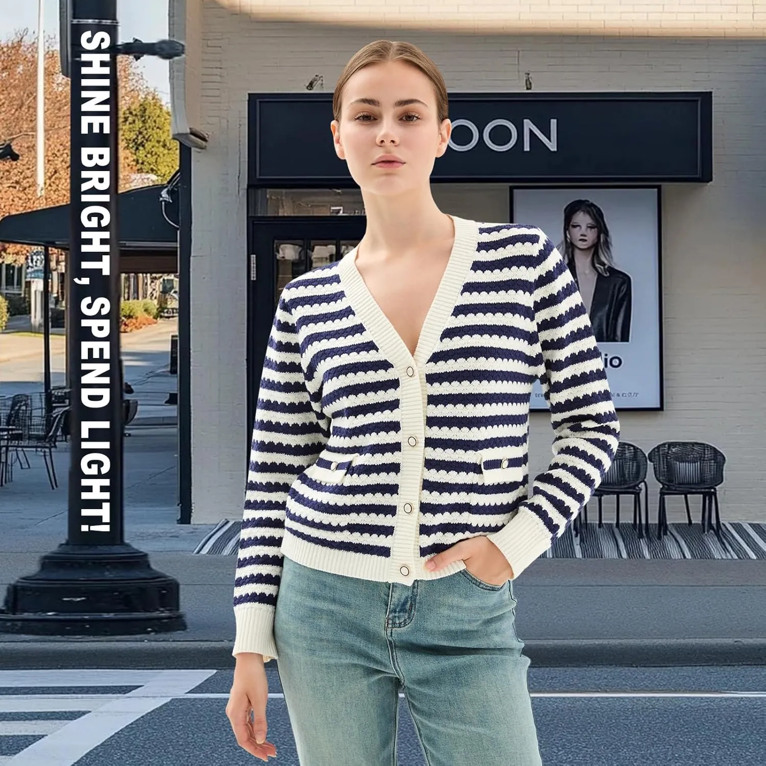 Women's Crop Sweaters Long Sleeve V Neck Striped Sweater Ribbed Knit Short Cardigan Button Up Tops