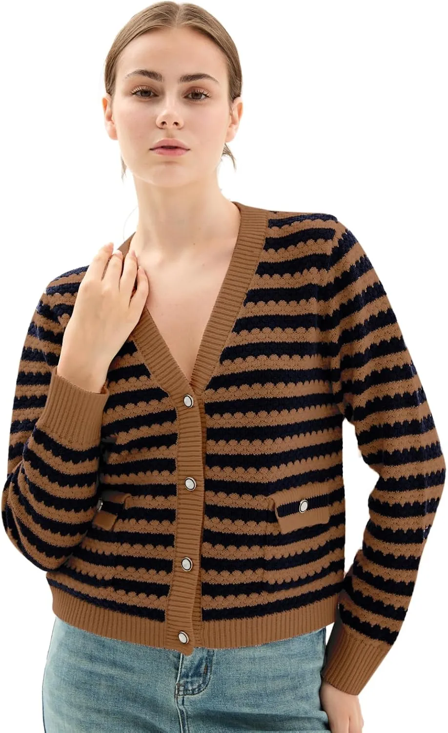Women's Crop Sweaters Long Sleeve V Neck Striped Sweater Ribbed Knit Short Cardigan Button Up Tops