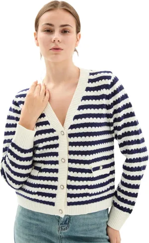 Women's Crop Sweaters Long Sleeve V Neck Striped Sweater Ribbed Knit Short Cardigan Button Up Tops
