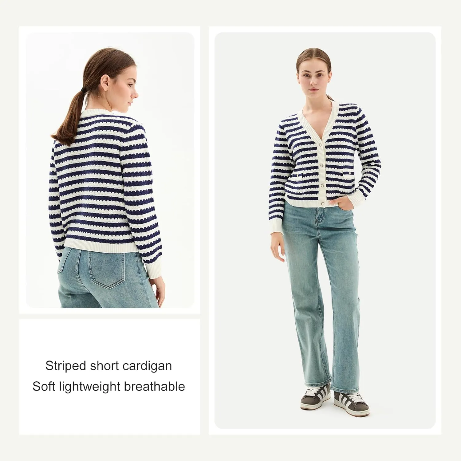 Women's Crop Sweaters Long Sleeve V Neck Striped Sweater Ribbed Knit Short Cardigan Button Up Tops