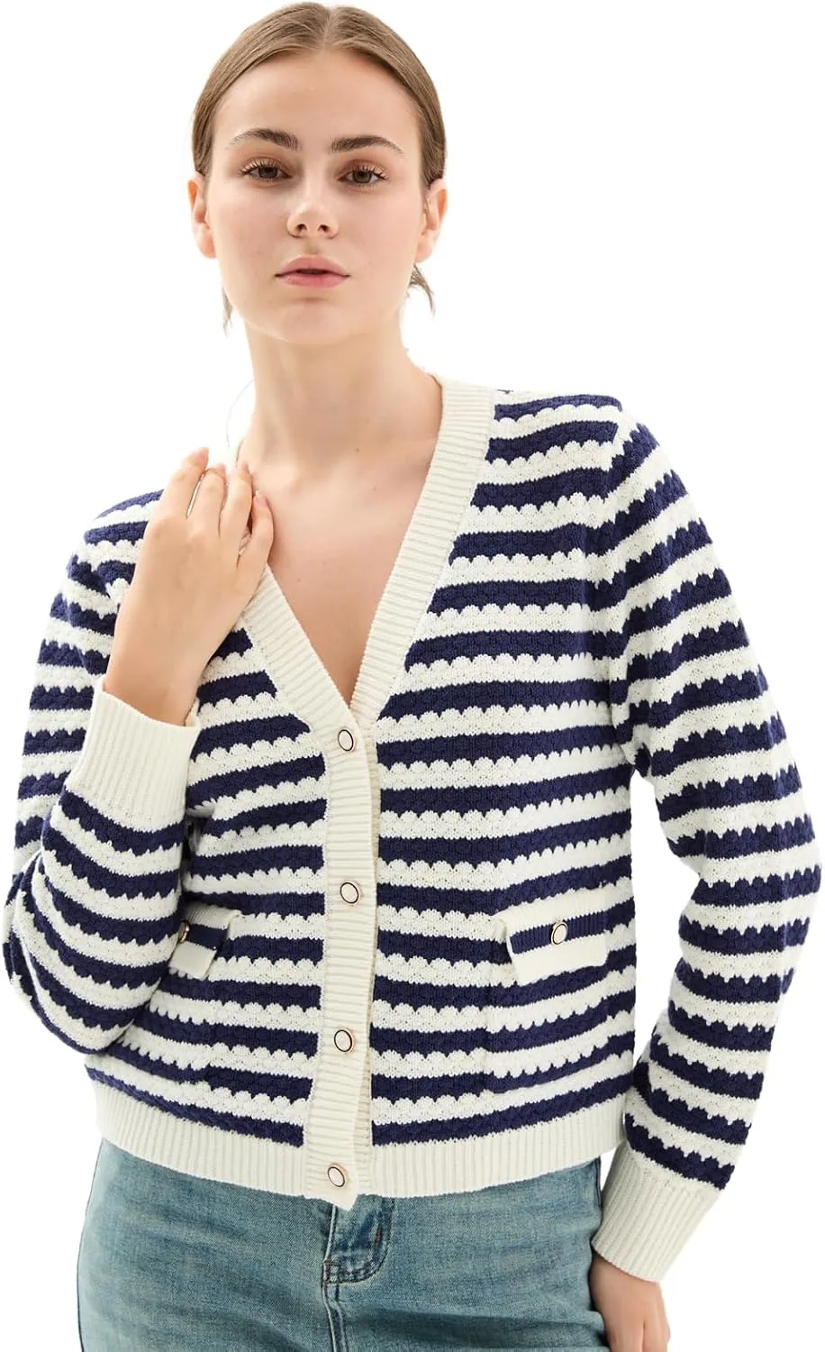 Women's Crop Sweaters Long Sleeve V Neck Striped Sweater Ribbed Knit Short Cardigan Button Up Tops