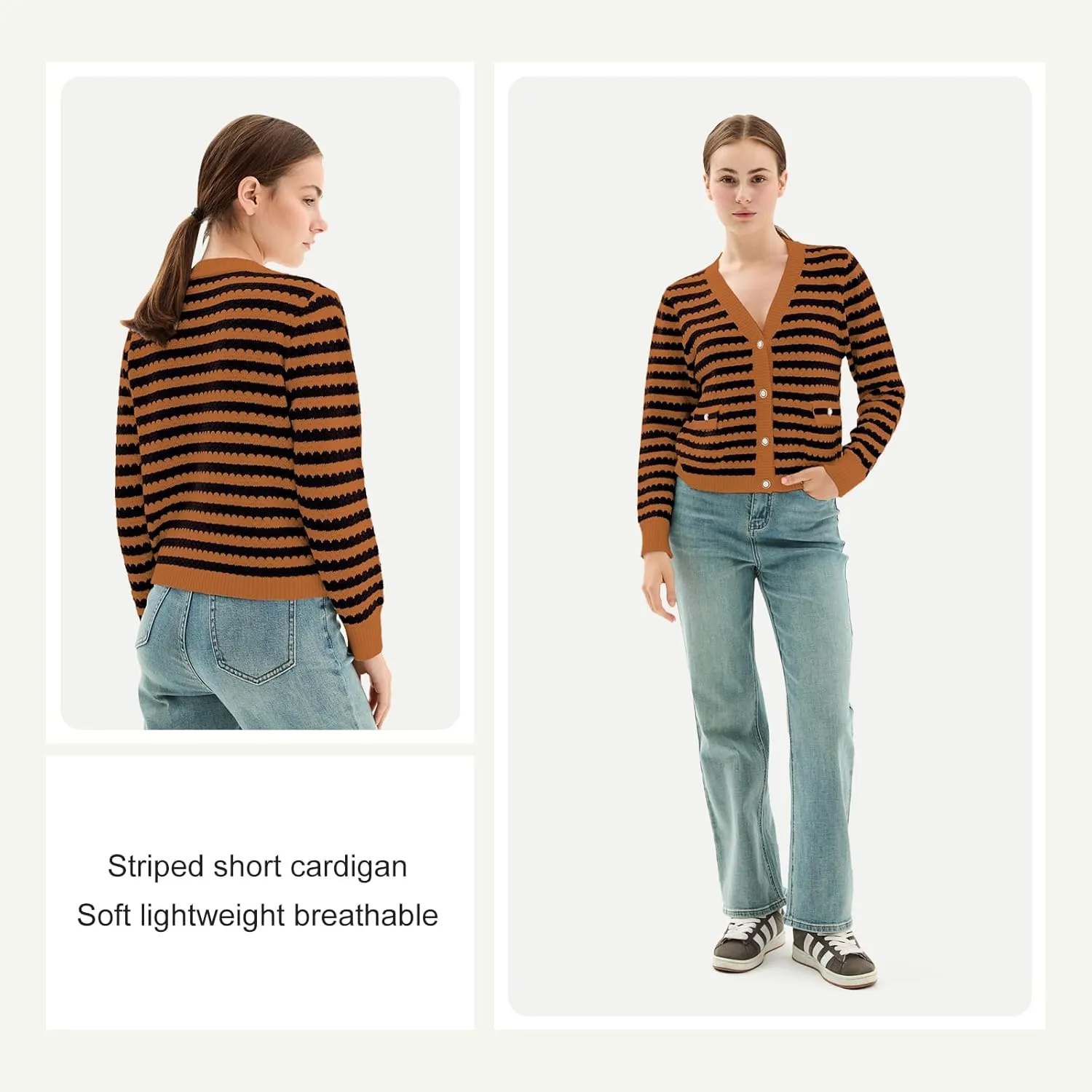 Women's Crop Sweaters Long Sleeve V Neck Striped Sweater Ribbed Knit Short Cardigan Button Up Tops