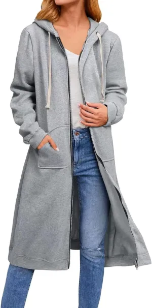 Women's Fall Zip Up Long Oversized Hoodie Drawstring Hooded Jacket Sweatshirt