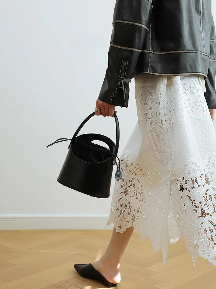 Women's Niche Leather Cowhide Bucket Bag Versatile Handbag Vintage Shoulder Crossbody Bag Luxury Drawstring Chic Casual