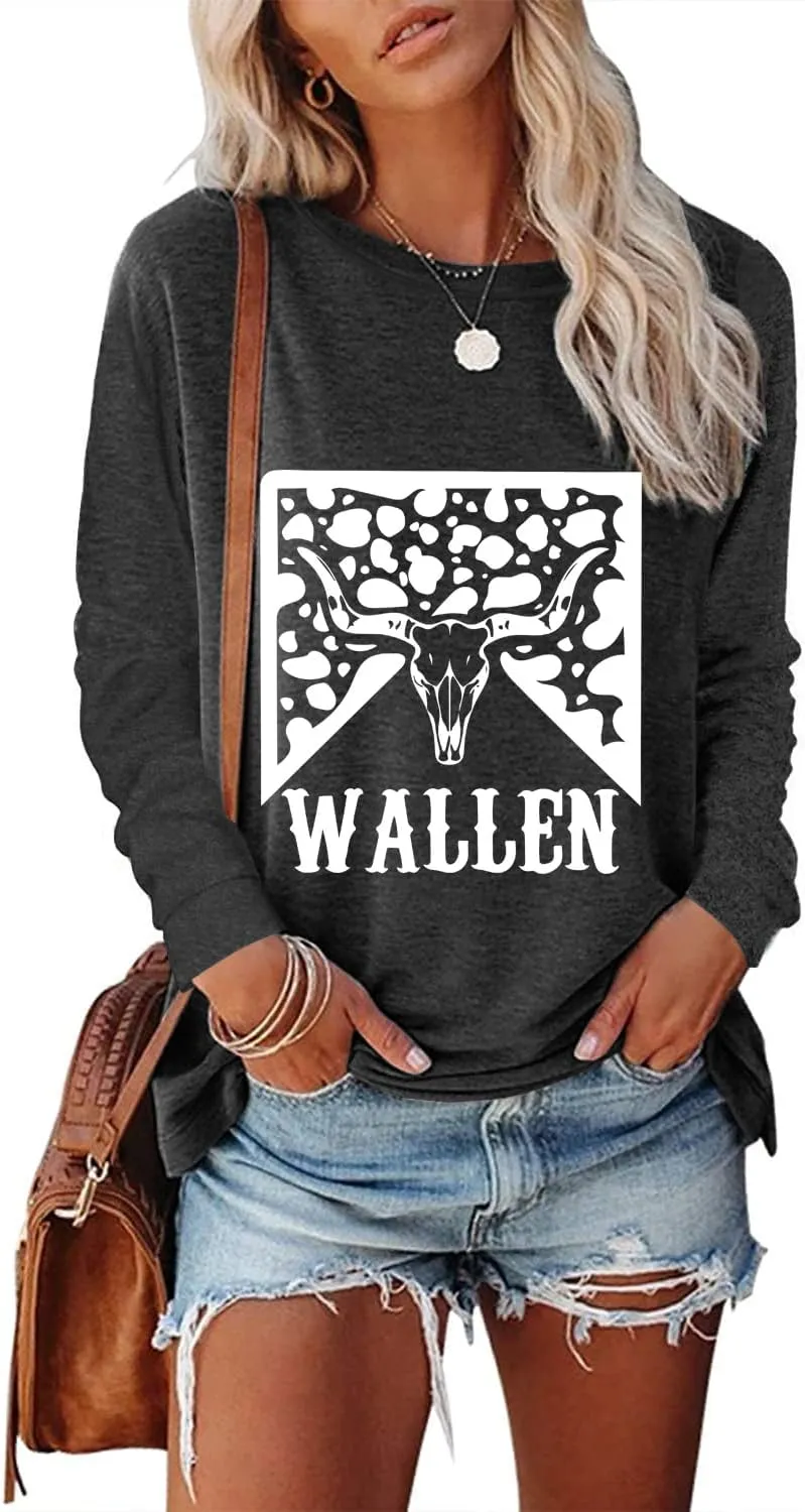 Women's Western Cowgirl Long Sleeve Shirts Vintage Country Music Fall T-Shirt Hiking Travel Sweatshirt Tops