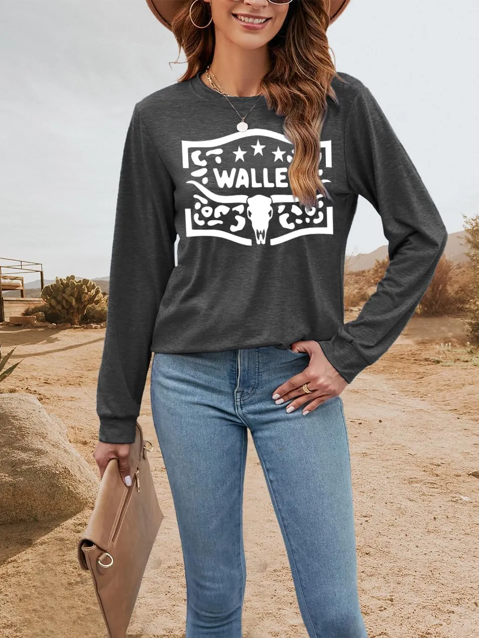 Women's Western Cowgirl Long Sleeve Shirts Vintage Country Music Fall T-Shirt Hiking Travel Sweatshirt Tops